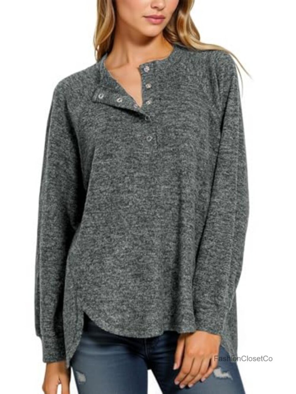 Women's Oversized Long Sleeve Henley Shirt Casual Loose Fit Sweatshirt Tunic